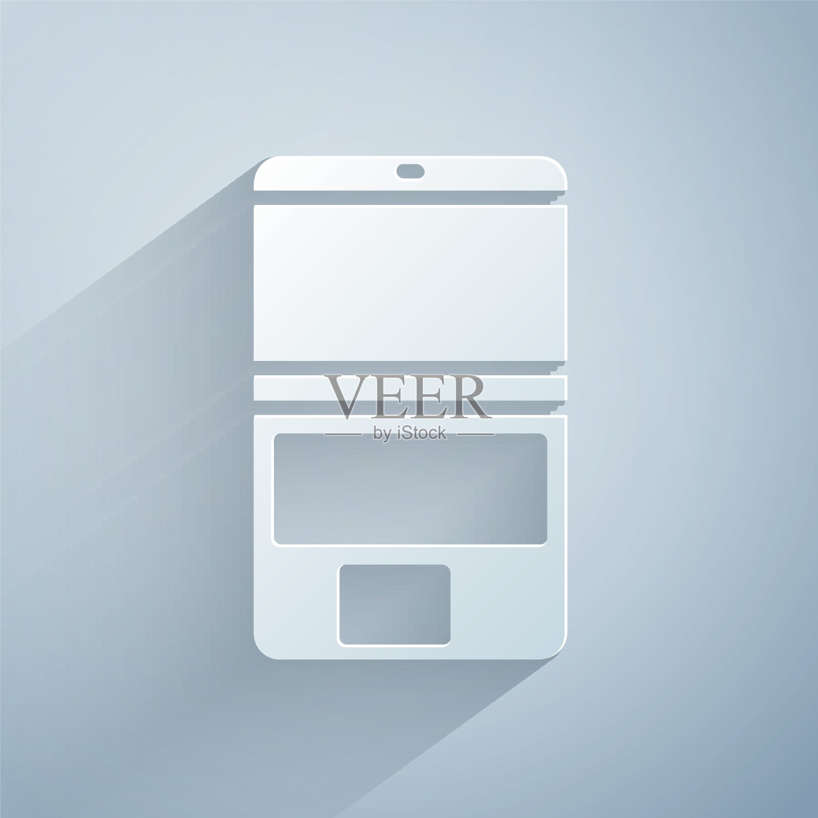 剪纸笔记本电脑图标孤立的灰色背景。屏幕空白的笔记本电脑。纸艺风格。矢量图插画图片素材