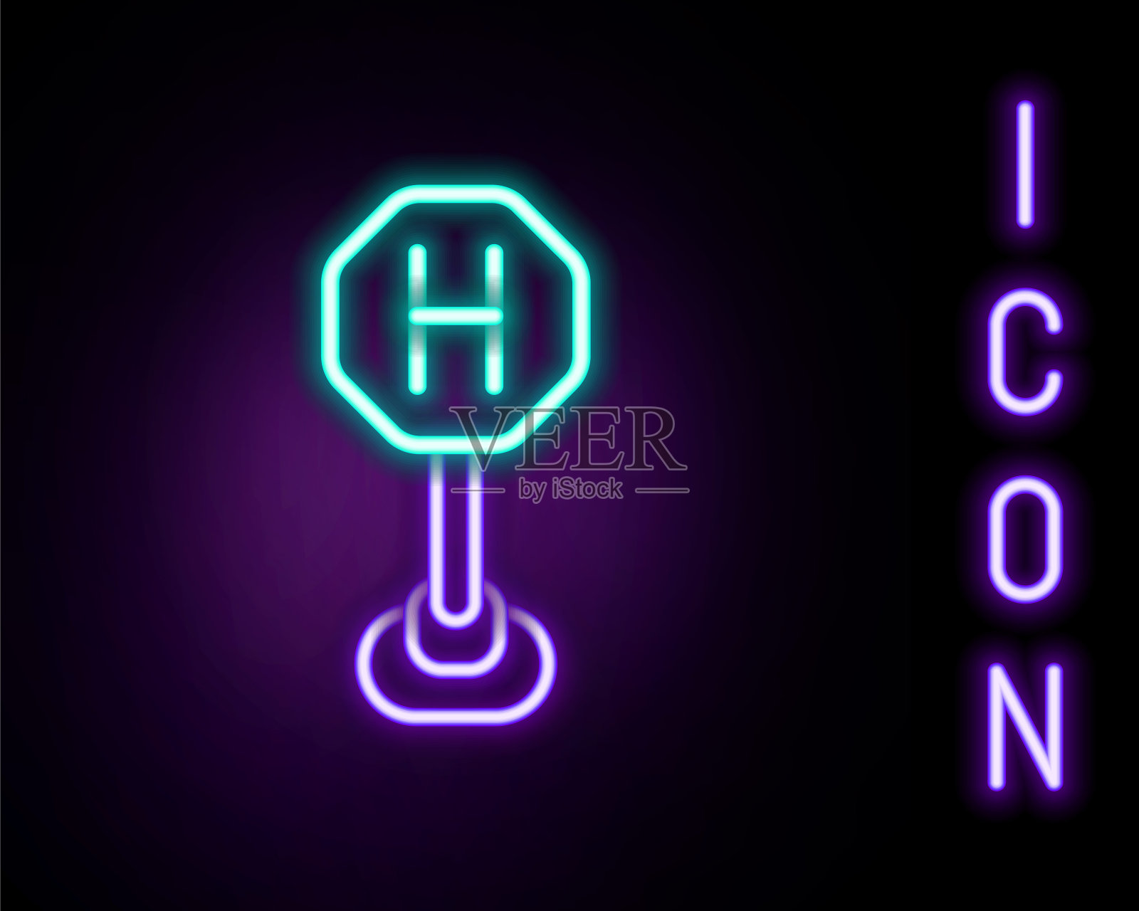 发光的霓虹灯线医院道路交通图标孤立的黑色背景。交通规则，安全驾驶。色彩缤纷的轮廓概念。向量插画图片素材