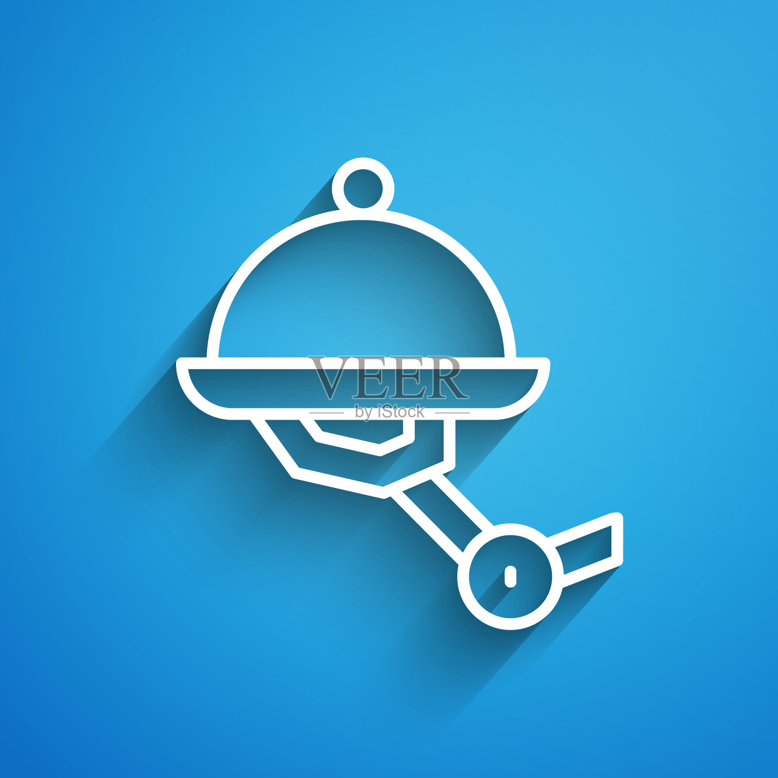 白线服务员机器人与覆盖的盘子图标隔离在蓝色背景。人工智能，机器学习，云计算。长长的阴影。向量插画图片素材