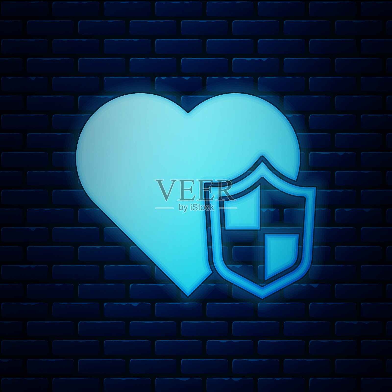 发光的霓虹人寿保险与盾牌图标隔离在砖墙背景。安全、安全、保护、保护的理念。向量插画图片素材