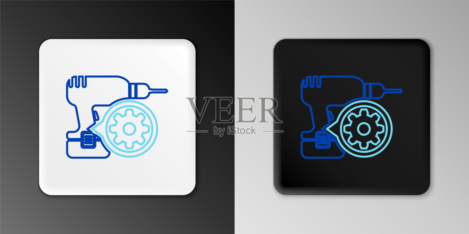 线钻机和齿轮图标隔离在灰色背景。调整app、服务理念、设置选项、维护、维修、修理。色彩缤纷的轮廓概念。向量插画图片素材