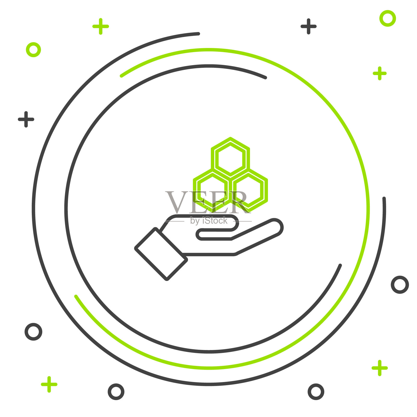 黑色和绿色的线蜂巢和手图标隔离在白色的背景。蜂蜜细胞符号。甜的天然食品。色彩缤纷的轮廓概念。矢量图插画图片素材