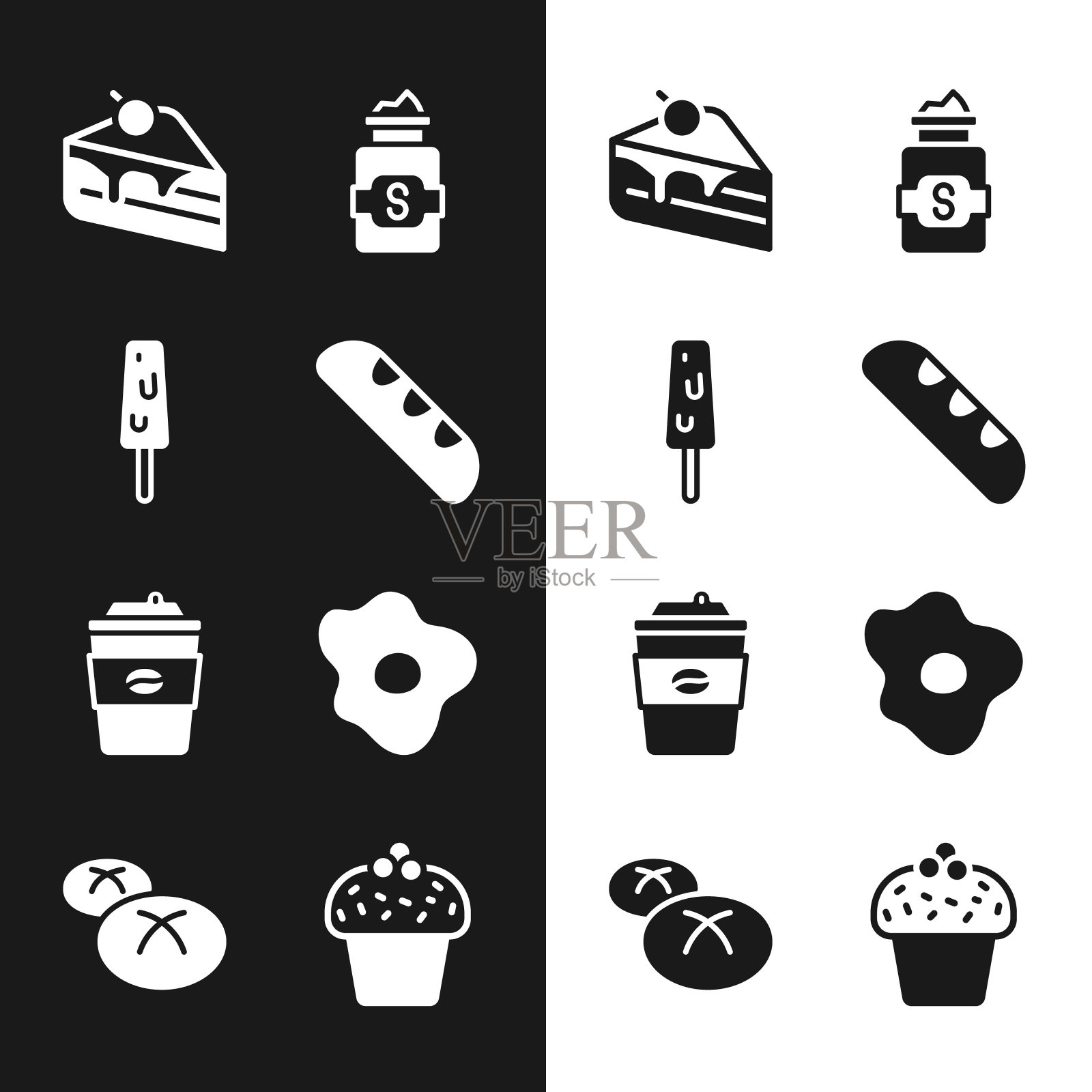 设置法国法棍面包，冰淇淋，一块蛋糕，糖罐，咖啡杯带走，炒鸡蛋，蛋糕和面包的图标。向量插画图片素材