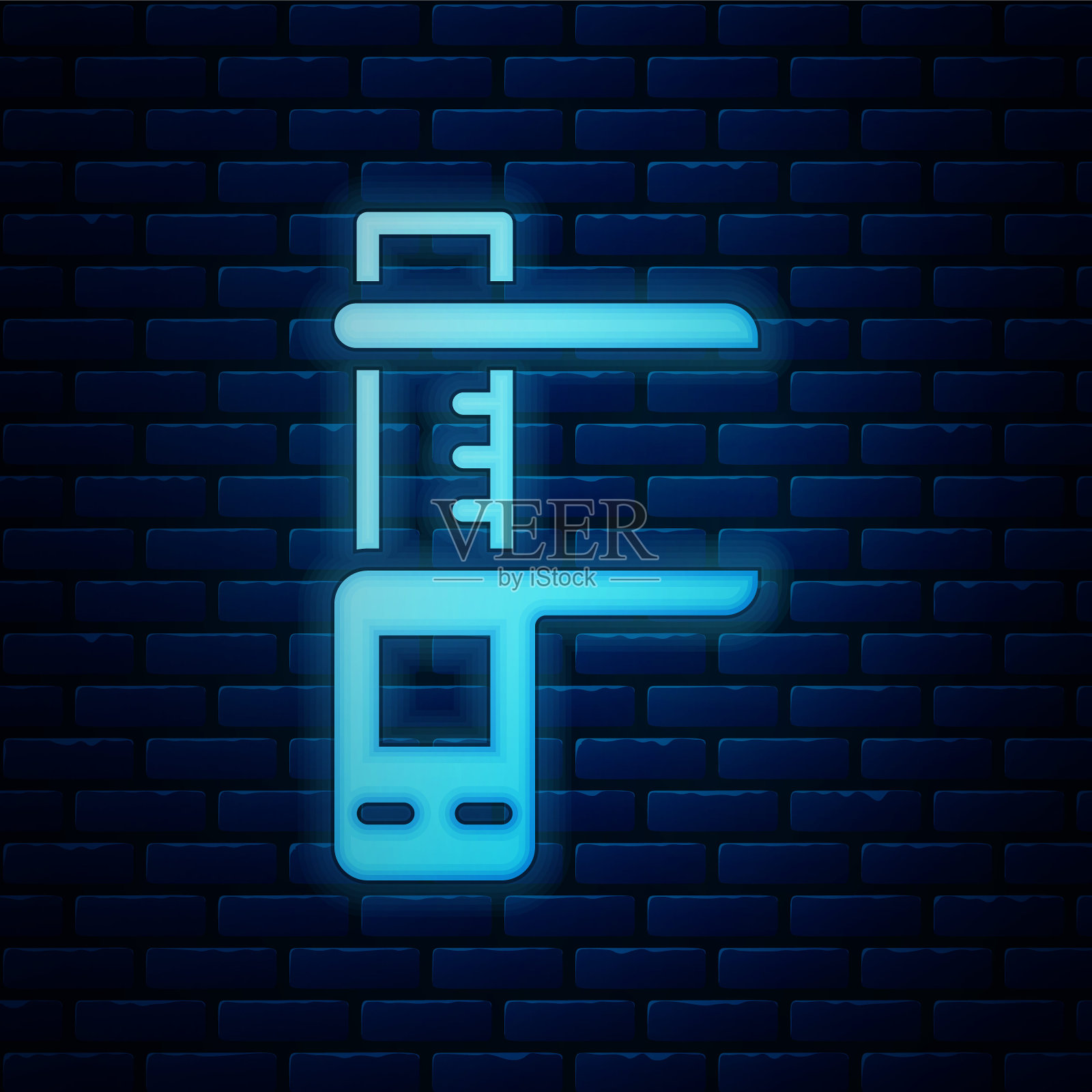 发光的霓虹灯卡尺或卡尺和规模图标隔离在砖墙背景。精密测量工具。向量插画图片素材