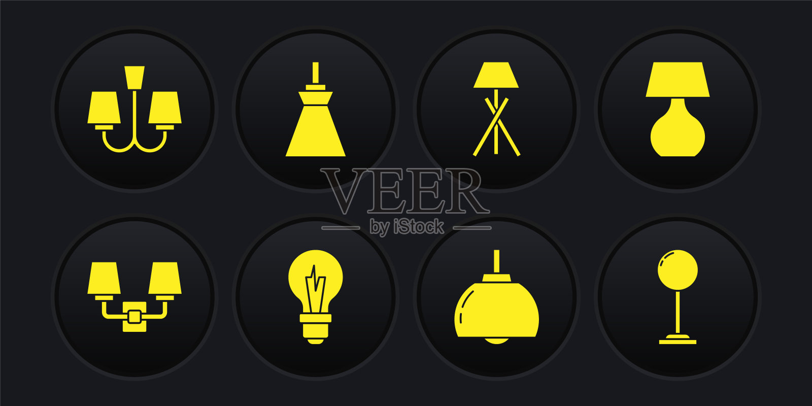 集壁灯或壁灯，桌子，灯泡，吊灯，地板，灯挂，和图标。向量插画图片素材