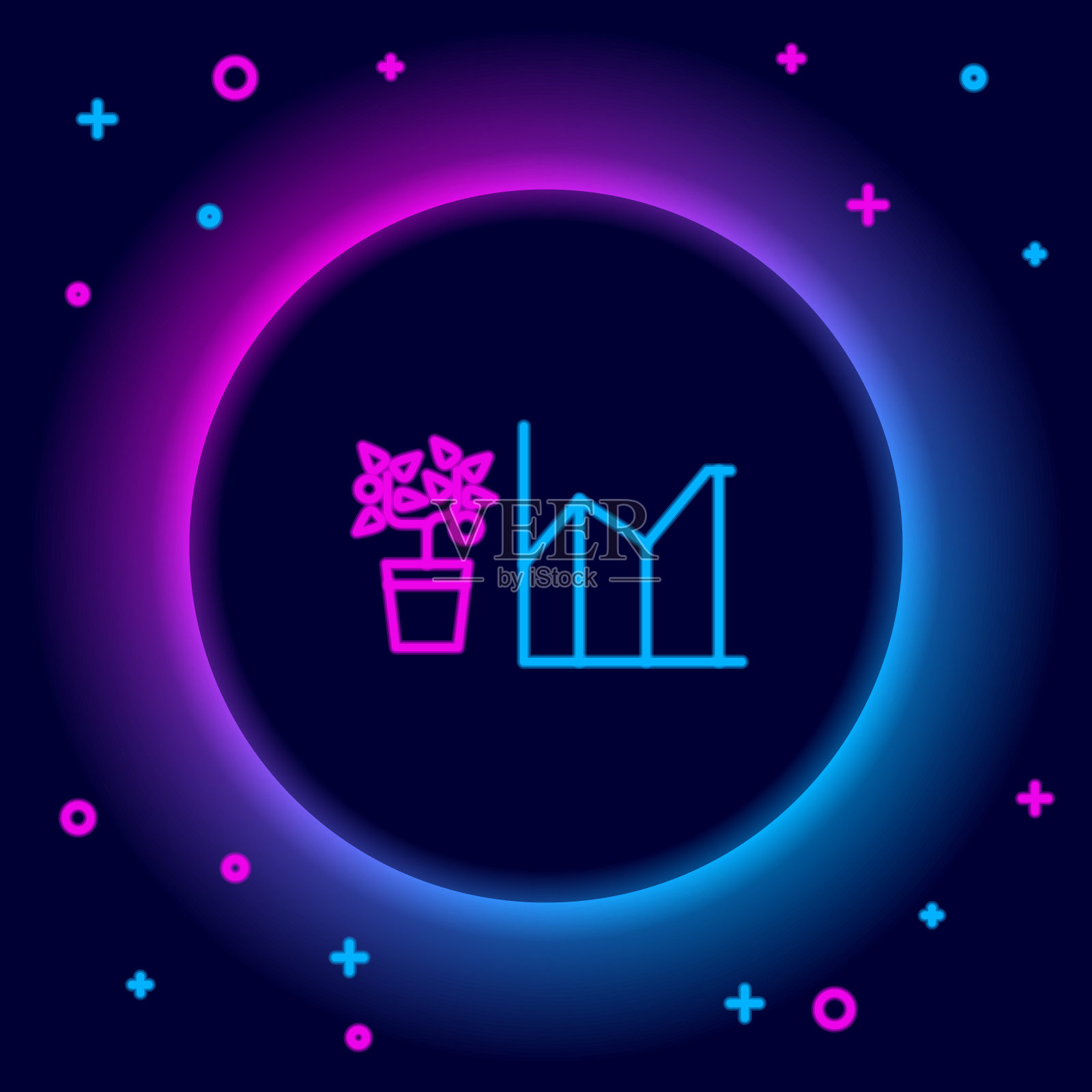 发光的霓虹线花统计图标孤立的黑色背景。色彩缤纷的轮廓概念。向量插画图片素材