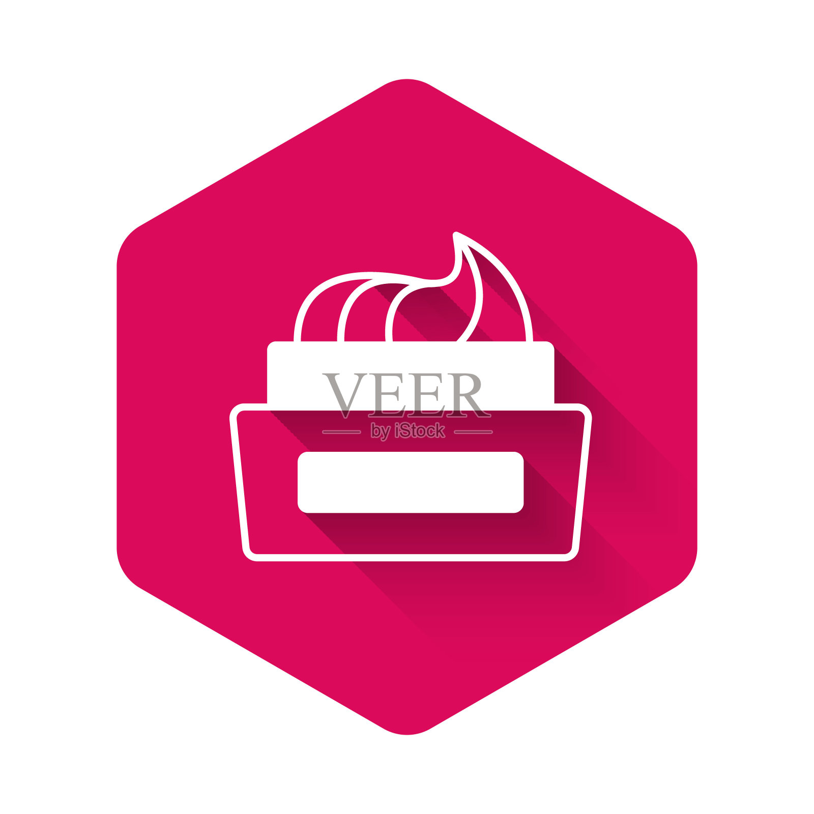 白色瓶子的指甲油图标孤立的长阴影背景。粉红色六边形按钮。向量插画图片素材