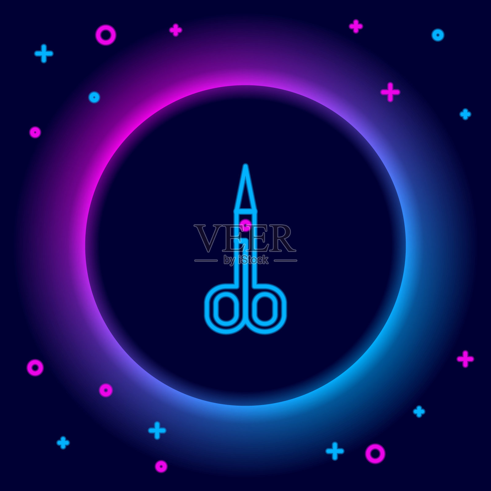 发光的霓虹线剪刀图标孤立的黑色背景。刀具标志。色彩缤纷的轮廓概念。向量插画图片素材