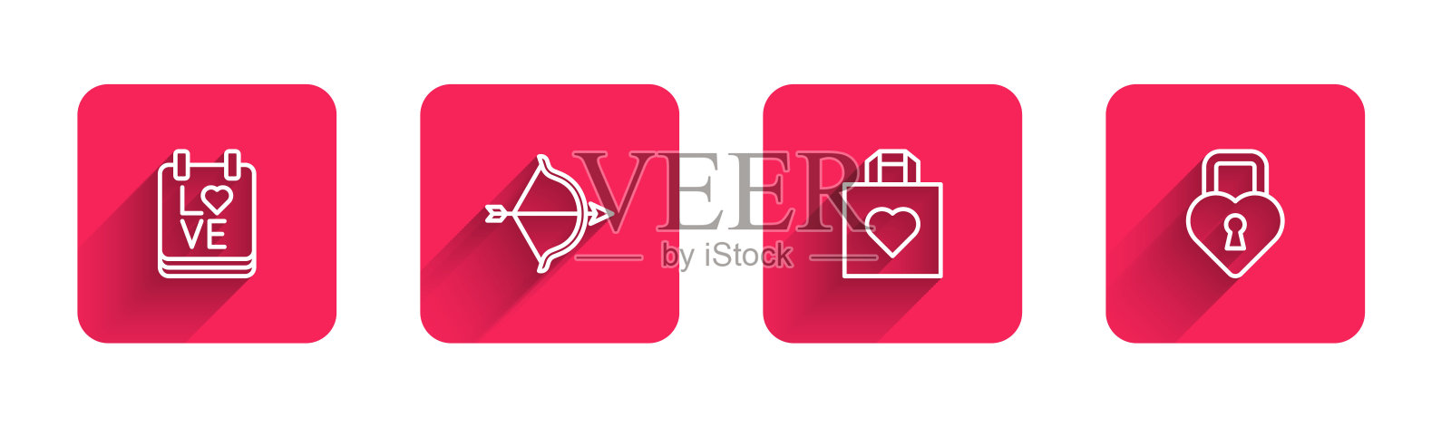 日历上有二月二十四日、弓箭、购物袋心和城堡的形状，有长长的影子。红色方块按钮。向量插画图片素材