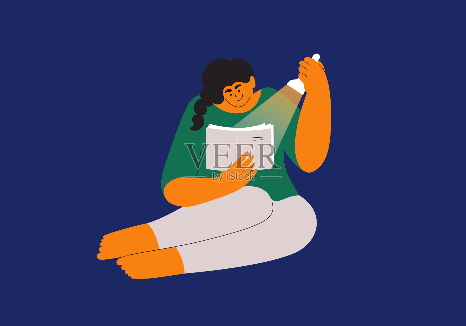 夜晚读书的可爱女人矢量插画，手持书本和手电筒插画图片素材