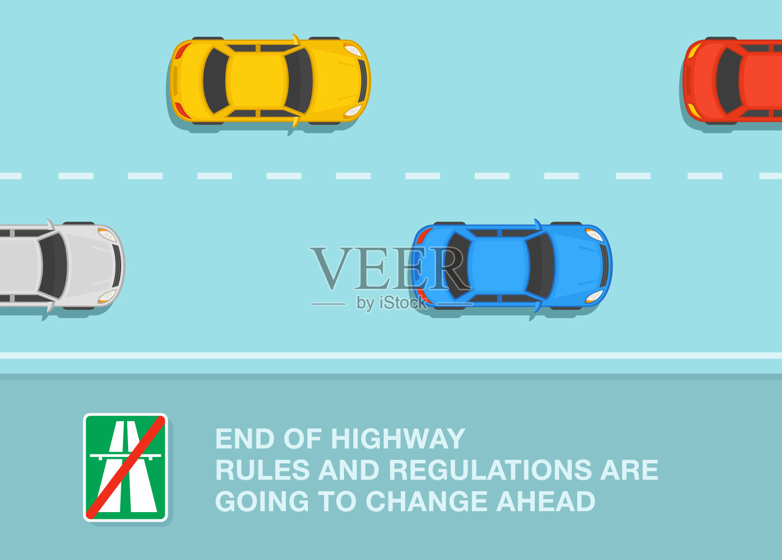 安全驾驶技巧及交通规则。高速公路上交通流量的俯视图。公路尽头的标志。矢量插图模板。插画图片素材