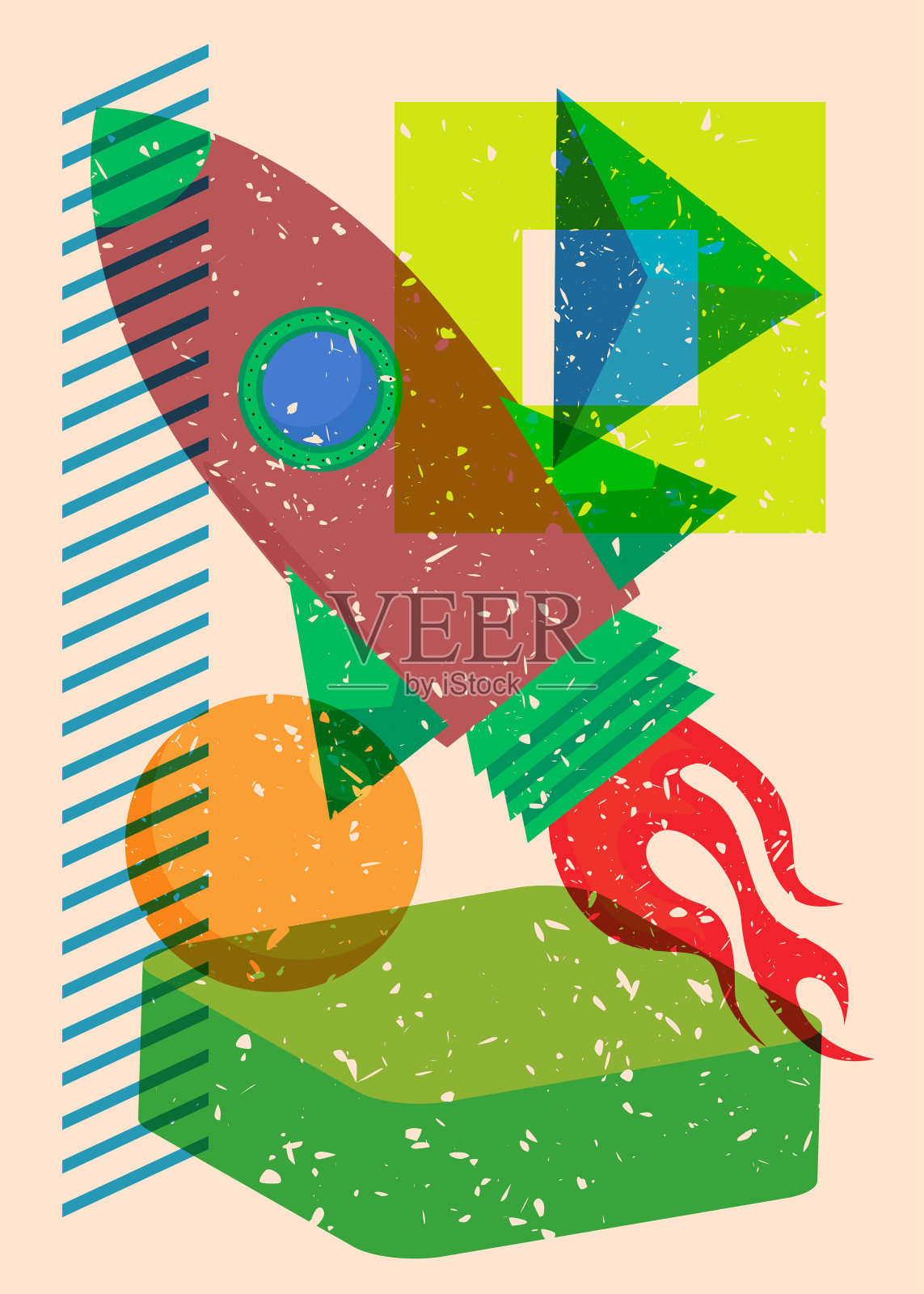 几何形状的Risograph火箭飞船。物体以时尚的riso图形打印纹理风格设计与几何元素。插画图片素材