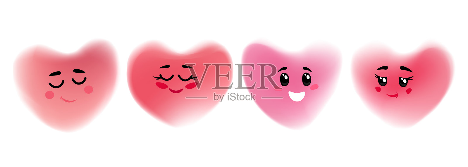 可爱的卡通人物。模糊的心。一套软颜色梯度散焦心形与脸的婚礼请柬或情人节快乐的节日问候。插画图片素材