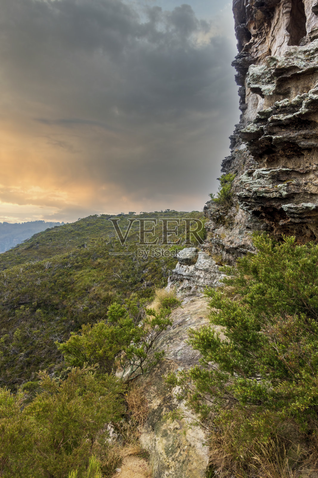 有澳大利亚石南或灌木生境的崎岖岩层照片摄影图片