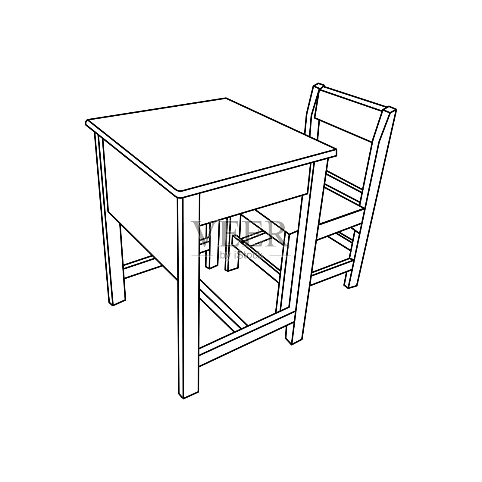 手绘的孩子画卡通矢量插图学校桌子和椅子图标孤立的白色插画图片素材