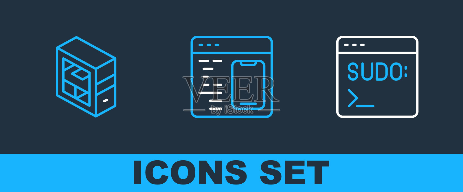 设置线路代码终端，计算机和软件图标。向量插画图片素材