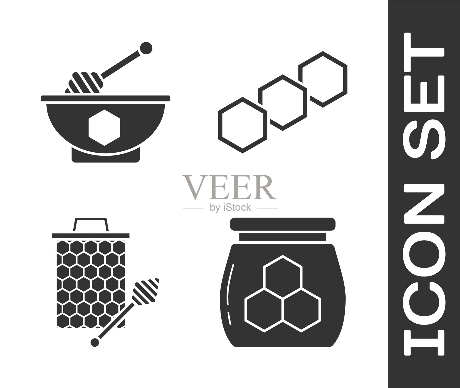 集罐蜂蜜，蜂蜜勺棒和碗，蜂窝与蜂蜜勺棒和蜂窝图标。向量插画图片素材