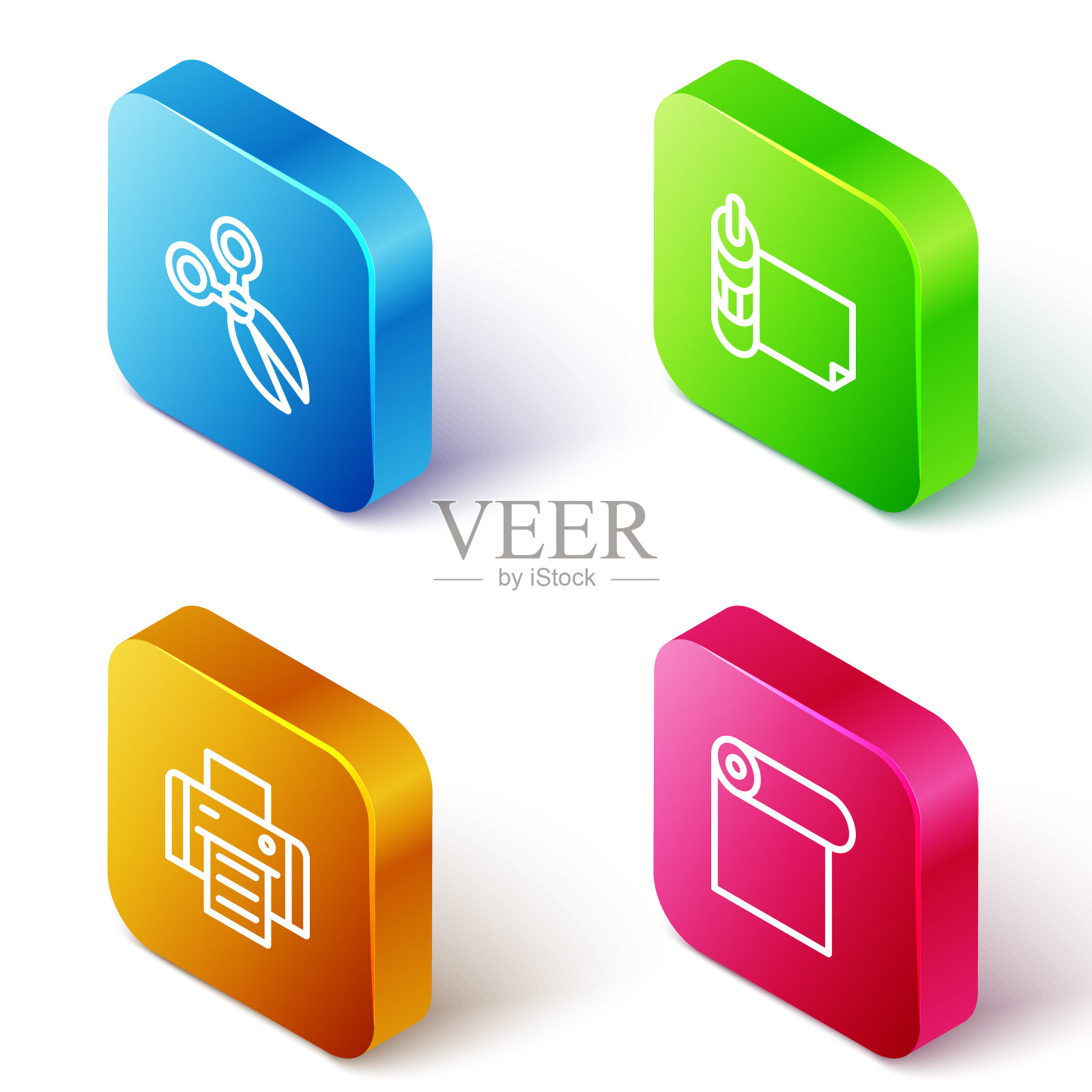 设置等距线剪刀，纸卷，打印机和图标。向量插画图片素材