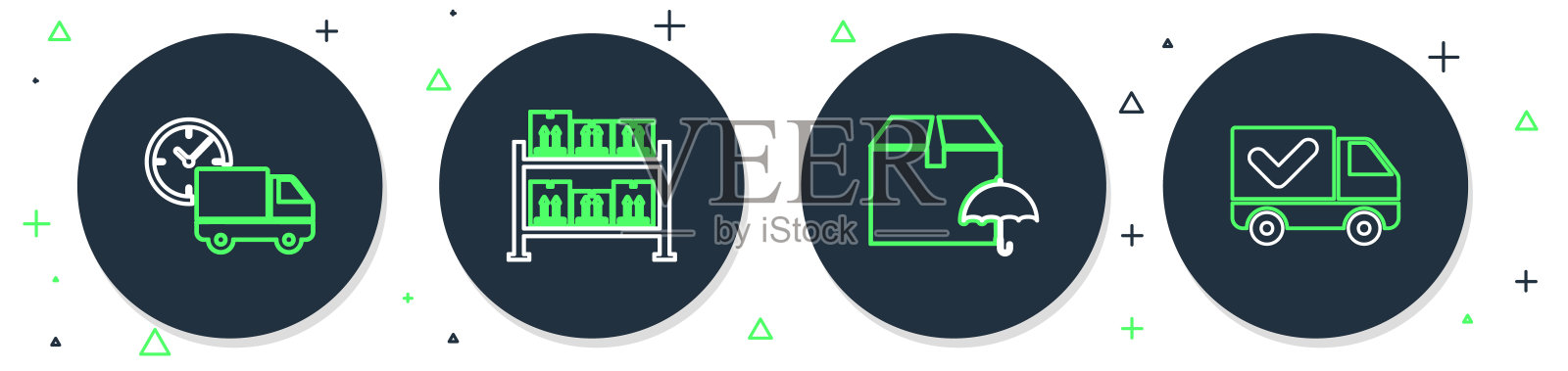 设置线仓库，配送包，伞，卡车，时钟和复选标记图标。向量插画图片素材