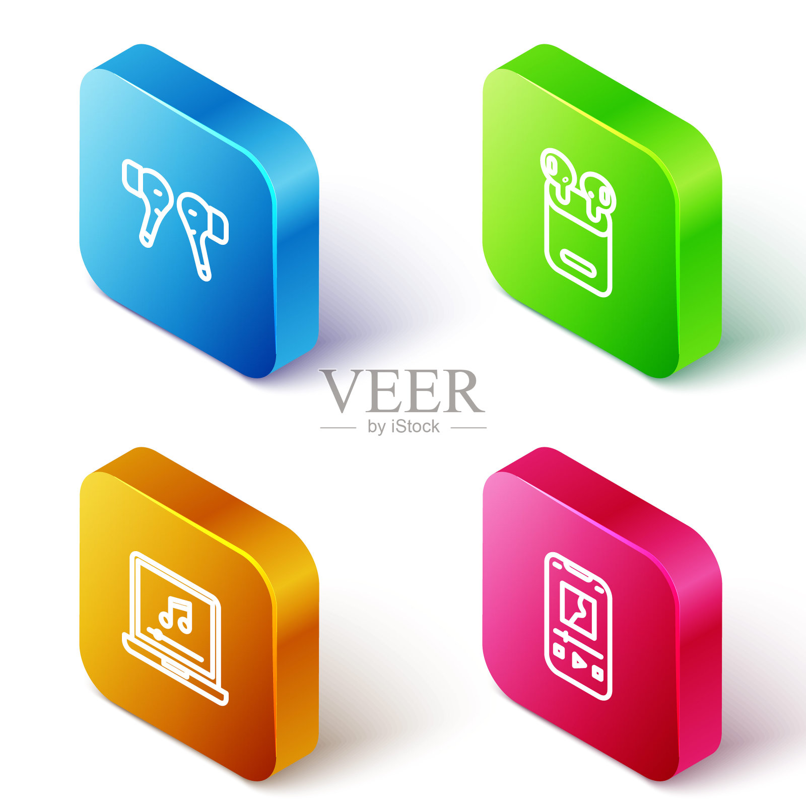 设置等距线空气耳机，在盒子里，笔记本电脑与音乐笔记和音乐播放器图标。向量插画图片素材