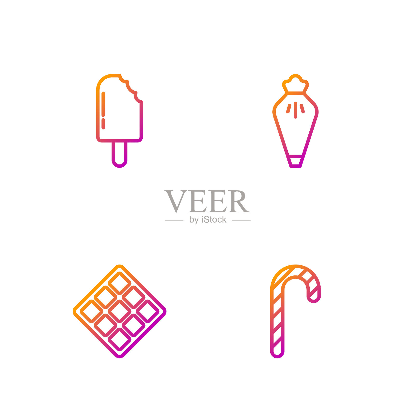 制作圣诞拐杖糖，华夫饼，冰淇淋和糕点袋。渐变颜色图标。向量插画图片素材