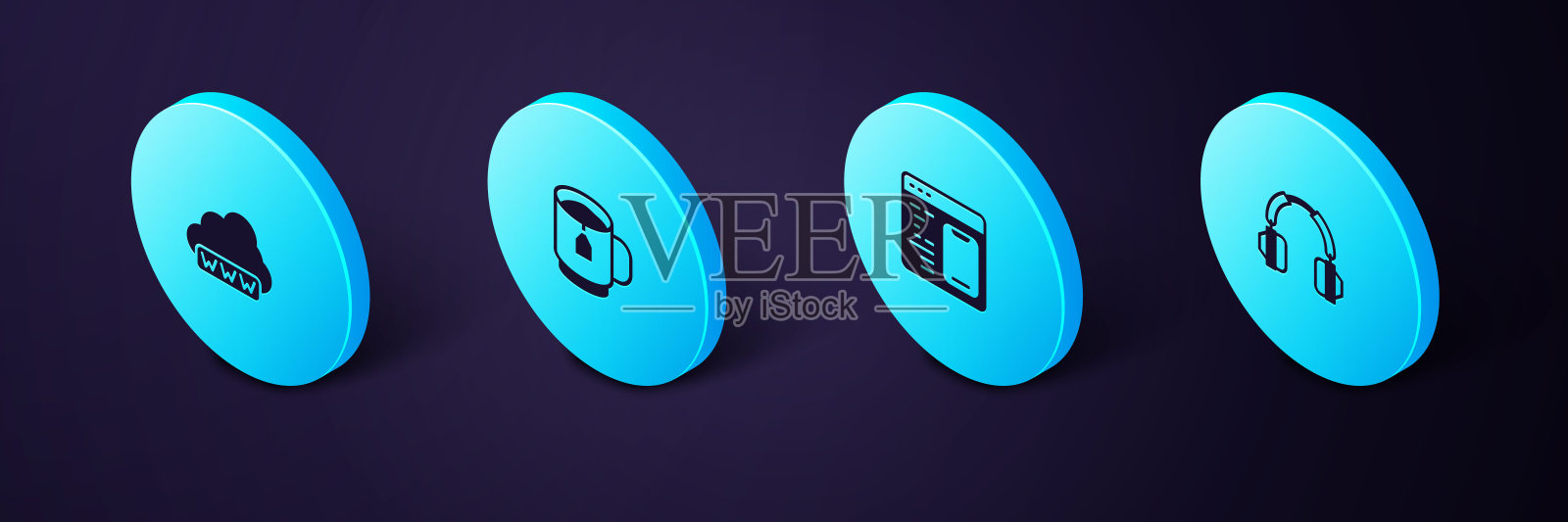 设置等距耳机，软件，杯茶与茶包和Web开发图标。向量插画图片素材