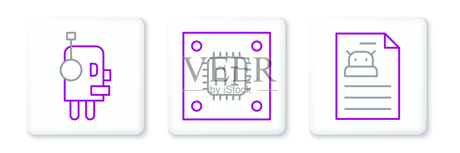 集线技术规范，机器人和处理器与微电路CPU图标。向量插画图片素材