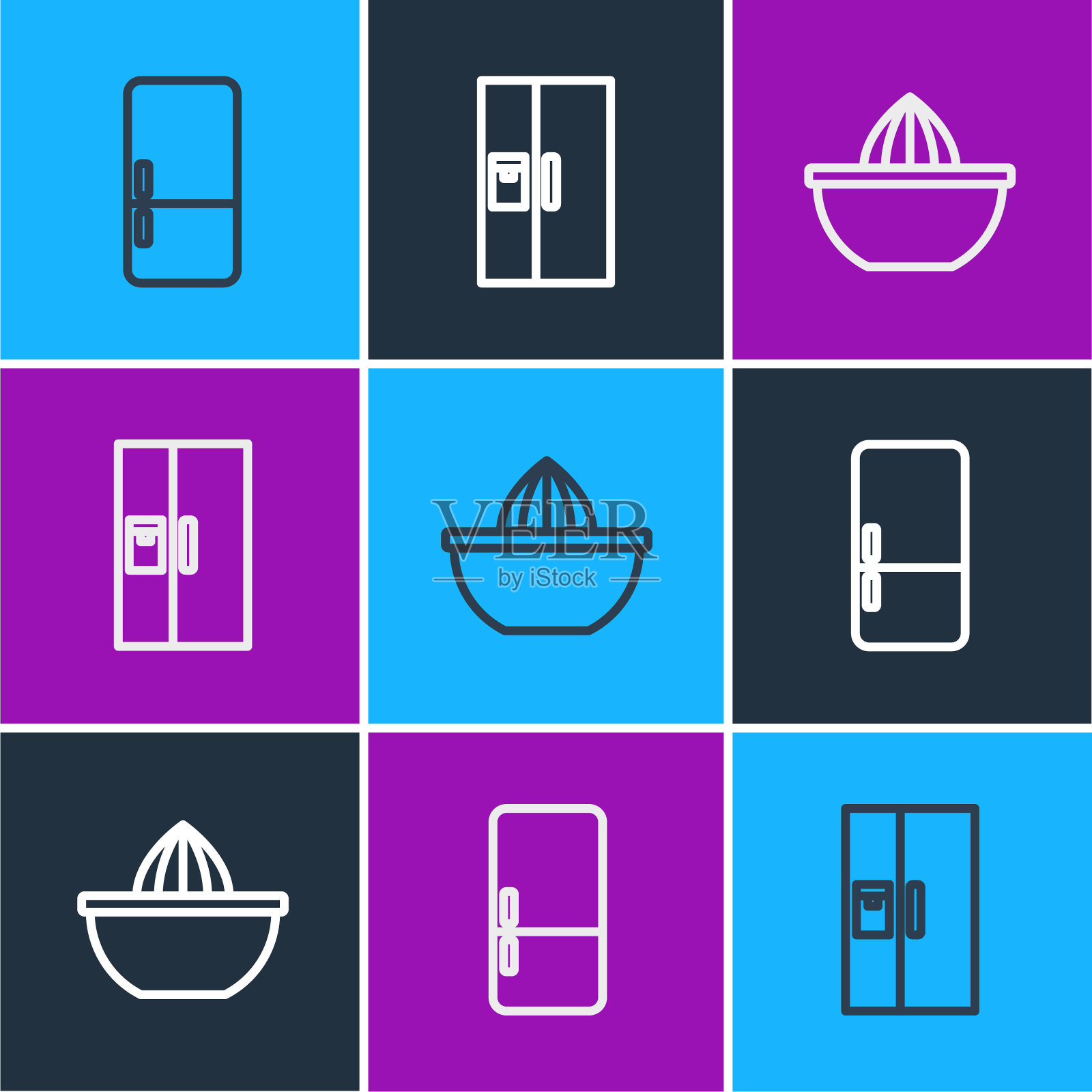 设置线冰箱，柑橘果汁机和图标。向量插画图片素材