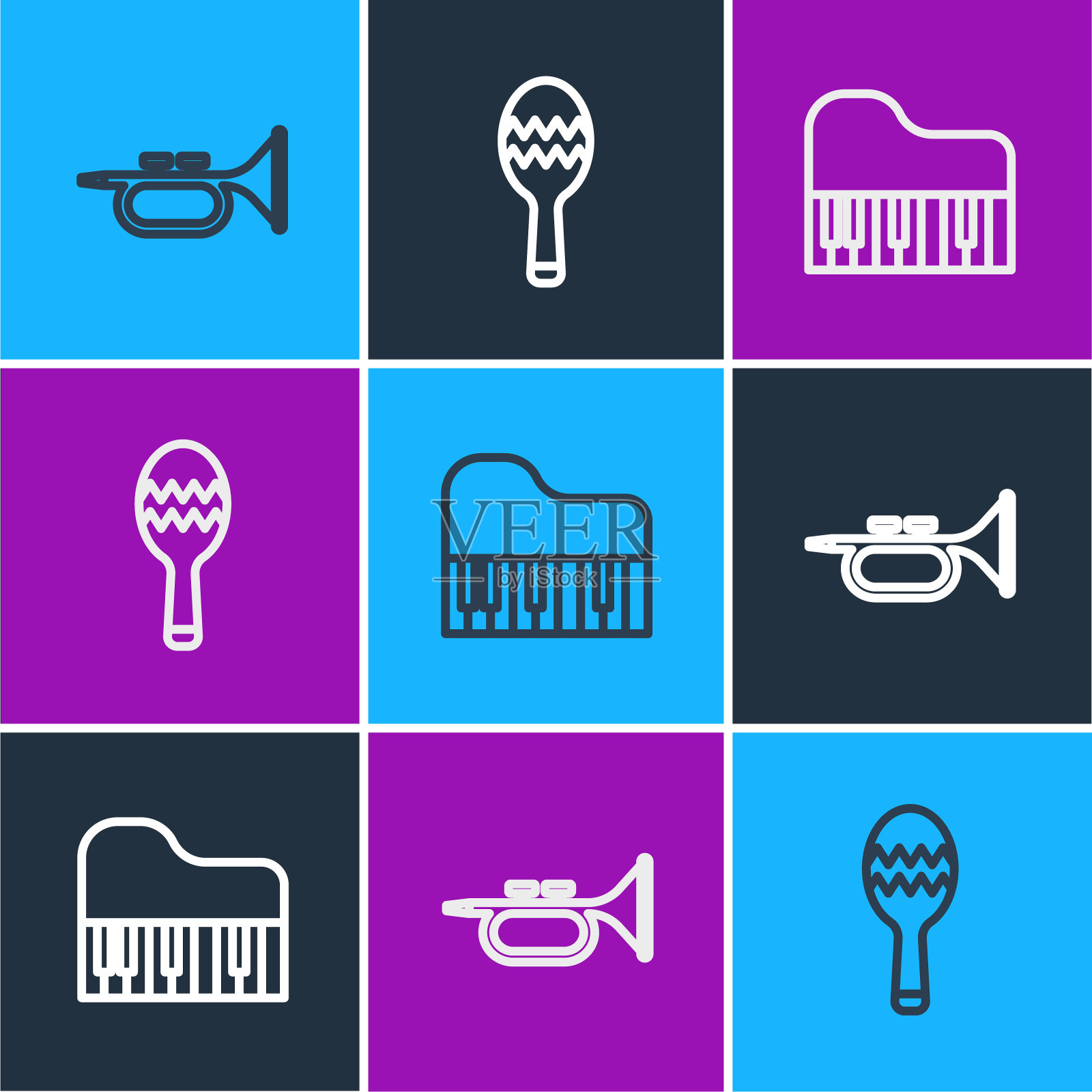 设置线小号，大钢琴和沙球图标。向量插画图片素材