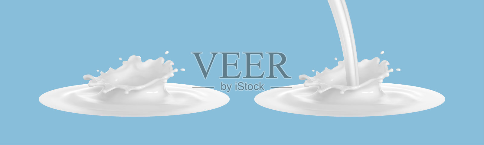 牛奶飞溅与倾倒牛奶在蓝色背景。矢量写实插图插画图片素材