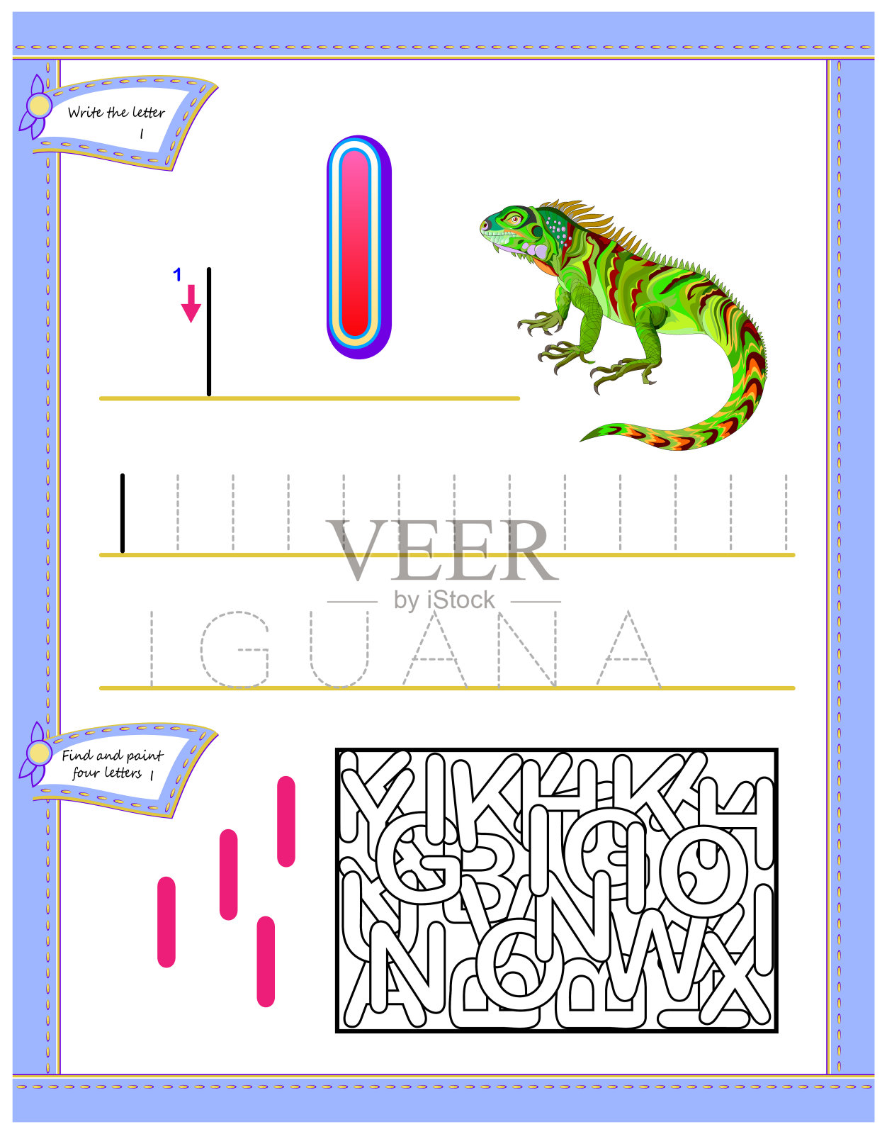 为学习英语字母表的字母I儿童准备的工作表。逻辑益智游戏。培养孩子的写作和阅读技能。矢量卡通图像。插画图片素材