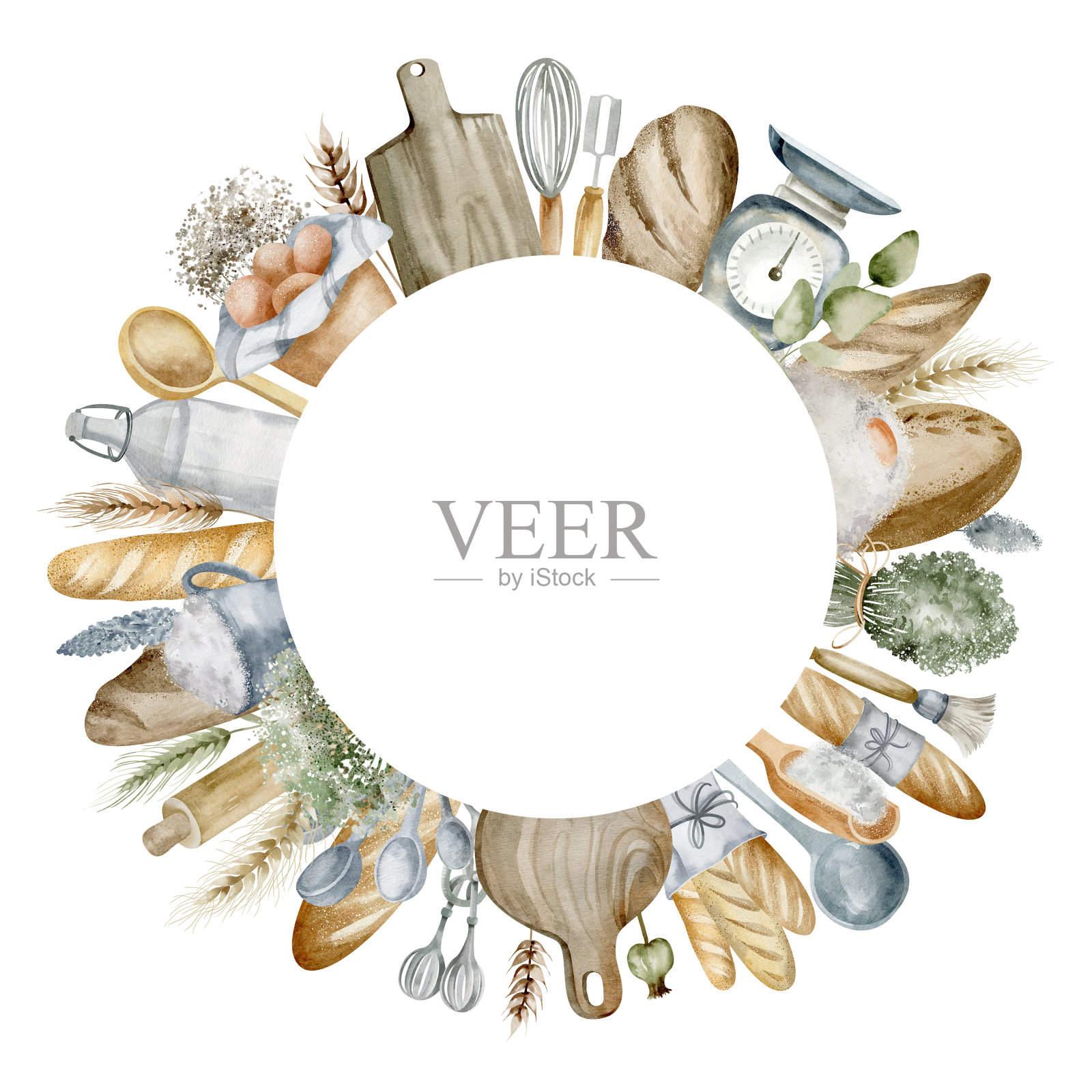 水彩圆框中的乡村厨房用具和面包插画图片素材