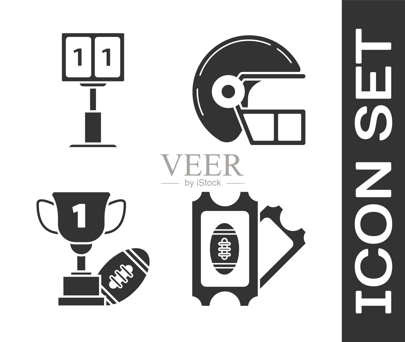 集美式足球门票，体育足球机械记分牌和结果显示，奖杯和美式足球和美式足球头盔图标。向量插画图片素材