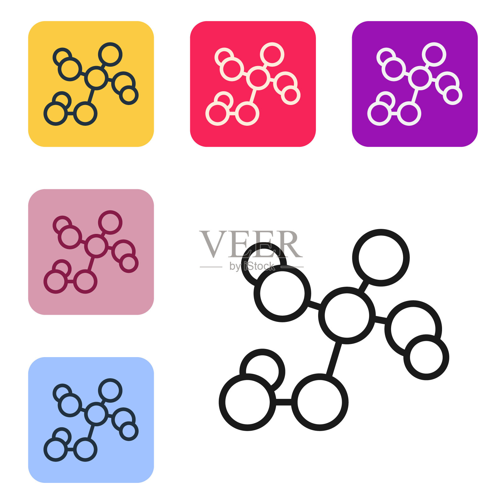 化学配方图标隔离在白色背景。摘要六边形为创新医学、健康、研究和科学。设置图标为彩色方形按钮。向量插画图片素材