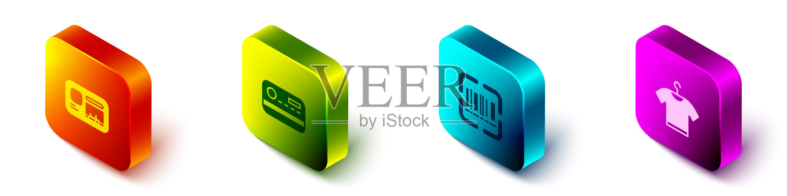 设置等距识别徽章，信用卡，扫描仪扫描条形码和t恤图标。向量插画图片素材