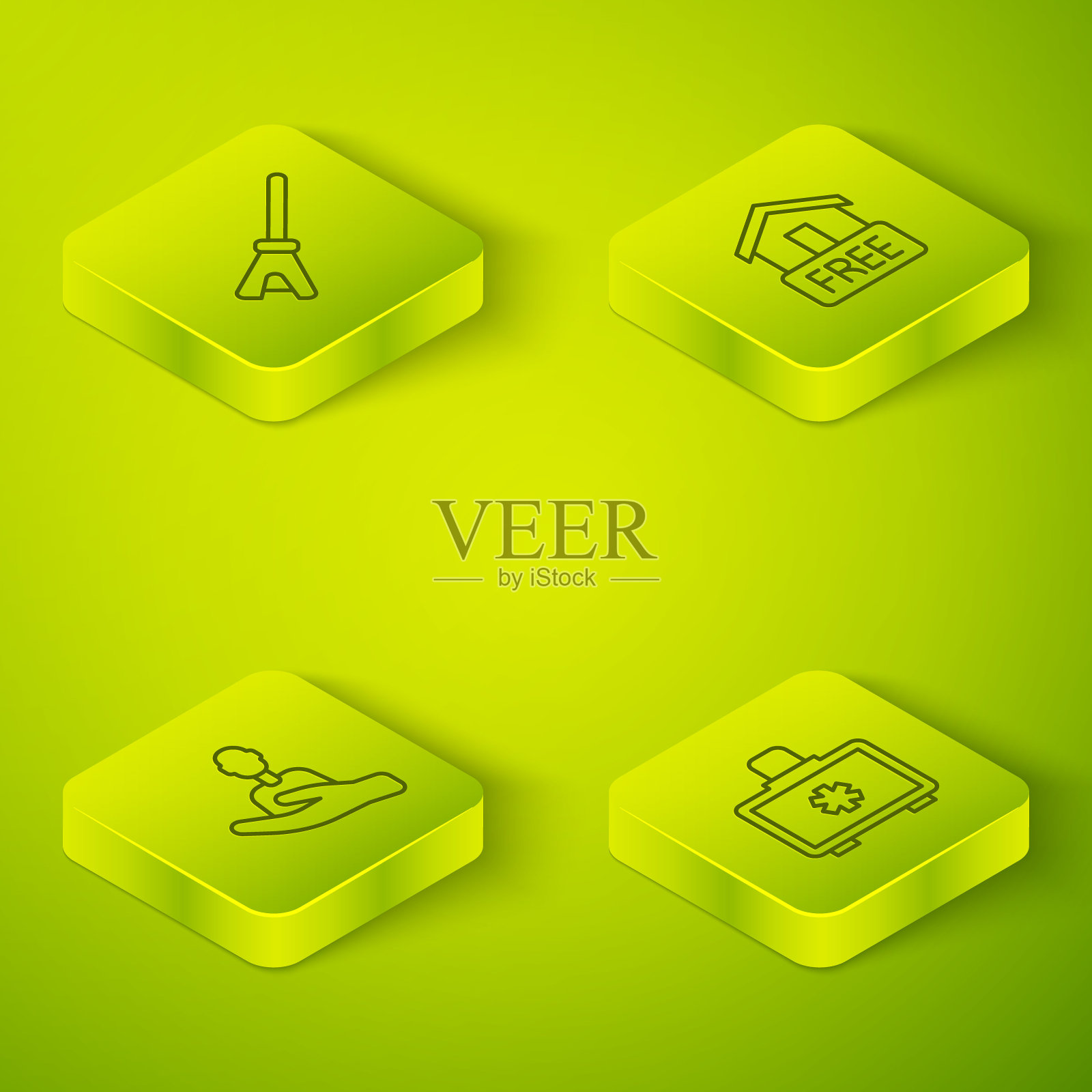 设置等距线免费送货上门，关心人，急救箱和拖把图标。向量插画图片素材