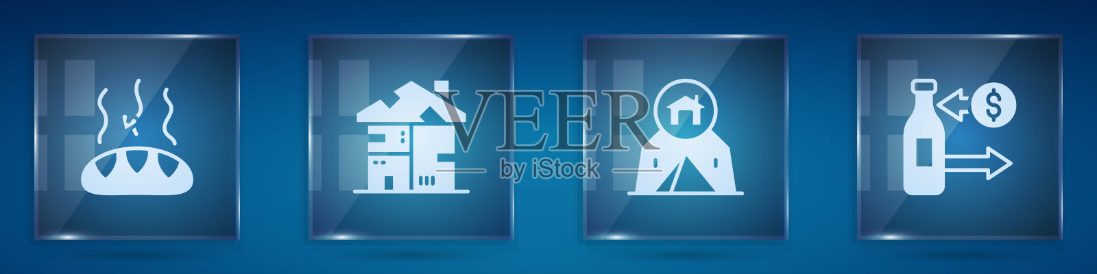 设置捐赠食品，无家可归者纸板房，游客帐篷和玻璃瓶接待。方形玻璃板。向量插画图片素材