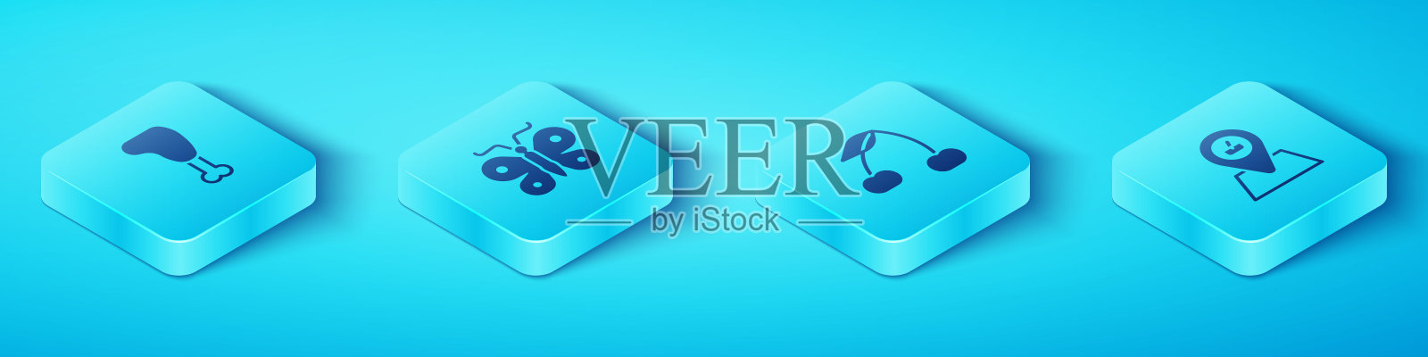 设置等距鸡腿，蝴蝶，野餐地点和樱桃图标。向量插画图片素材