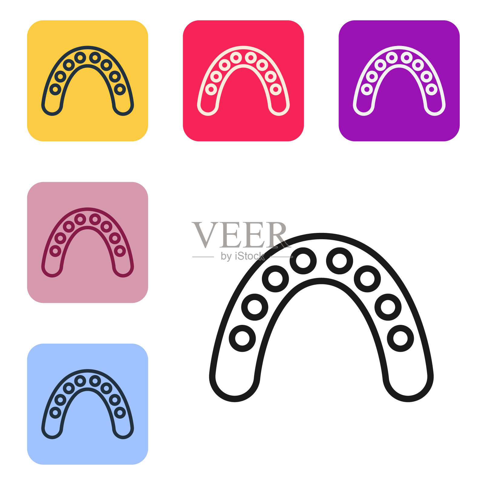 黑线口卫拳击手图标孤立在白色背景。设置图标为彩色方形按钮。向量插画图片素材