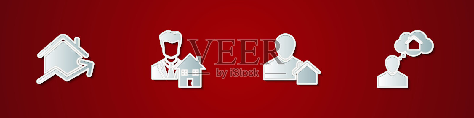 设置房价上涨，房地产经纪人，和男人梦想买房的图标。向量插画图片素材