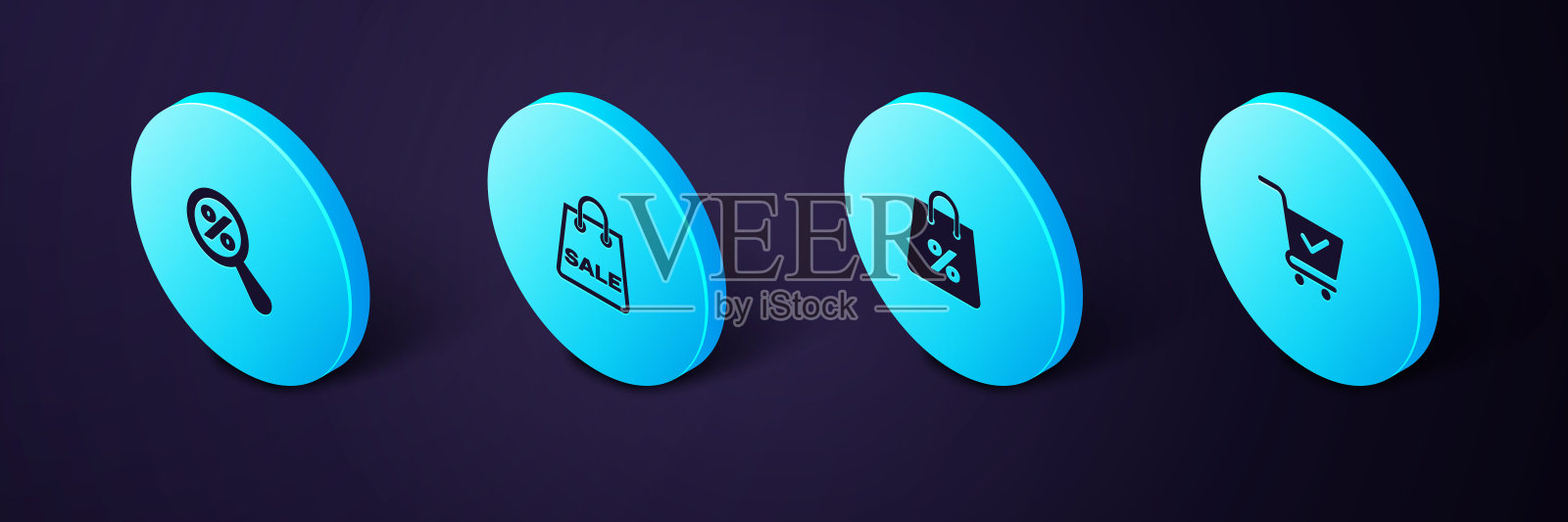 设置等距购物车与复选标记，袋百分比，销售和放大镜图标。向量插画图片素材