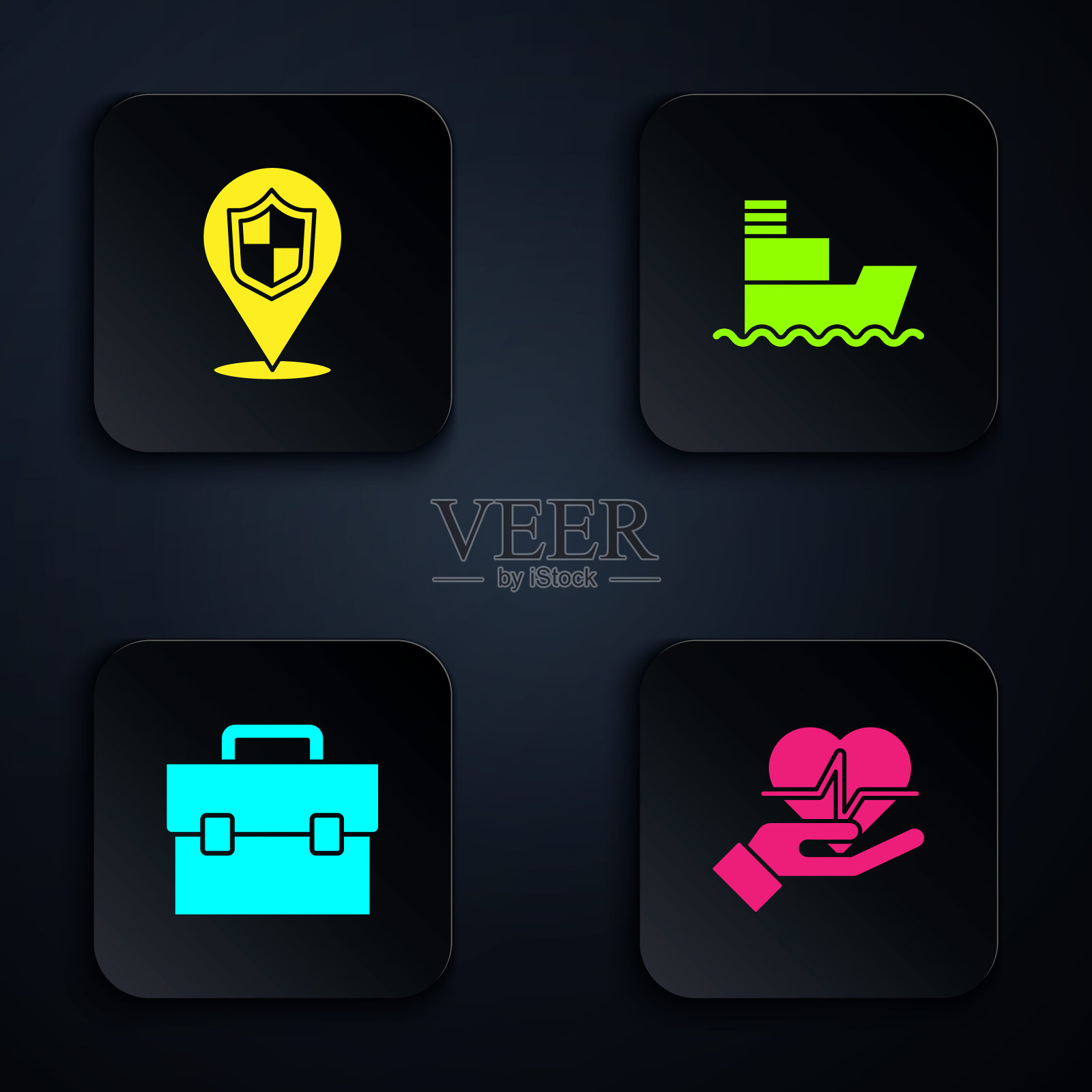 设置人寿保险在手，位置盾牌，公文包和船。黑色方形按钮。向量插画图片素材