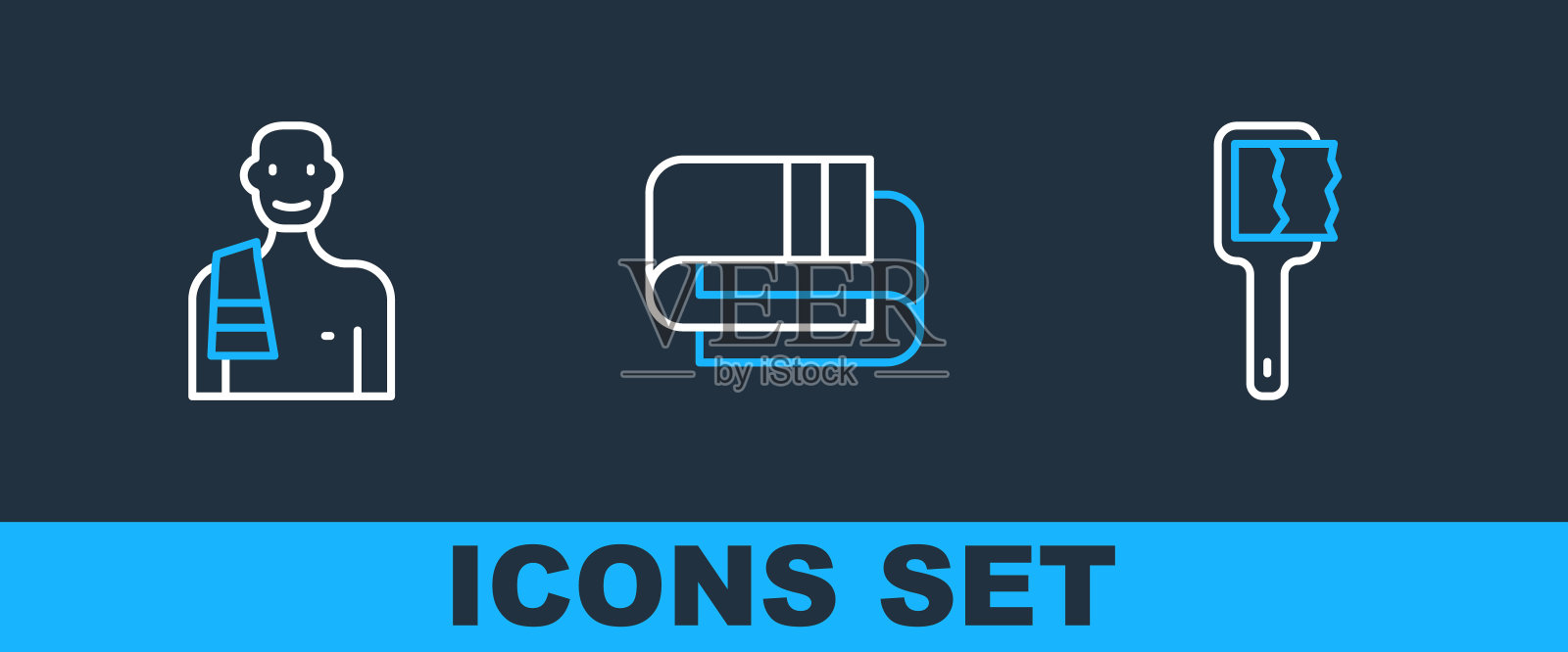 设置线桑拿刷，男人在桑拿和毛巾堆叠图标。向量插画图片素材