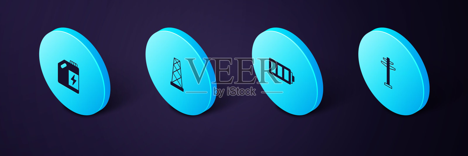 设置等距电塔，电池，天线和生态燃料罐图标。向量插画图片素材