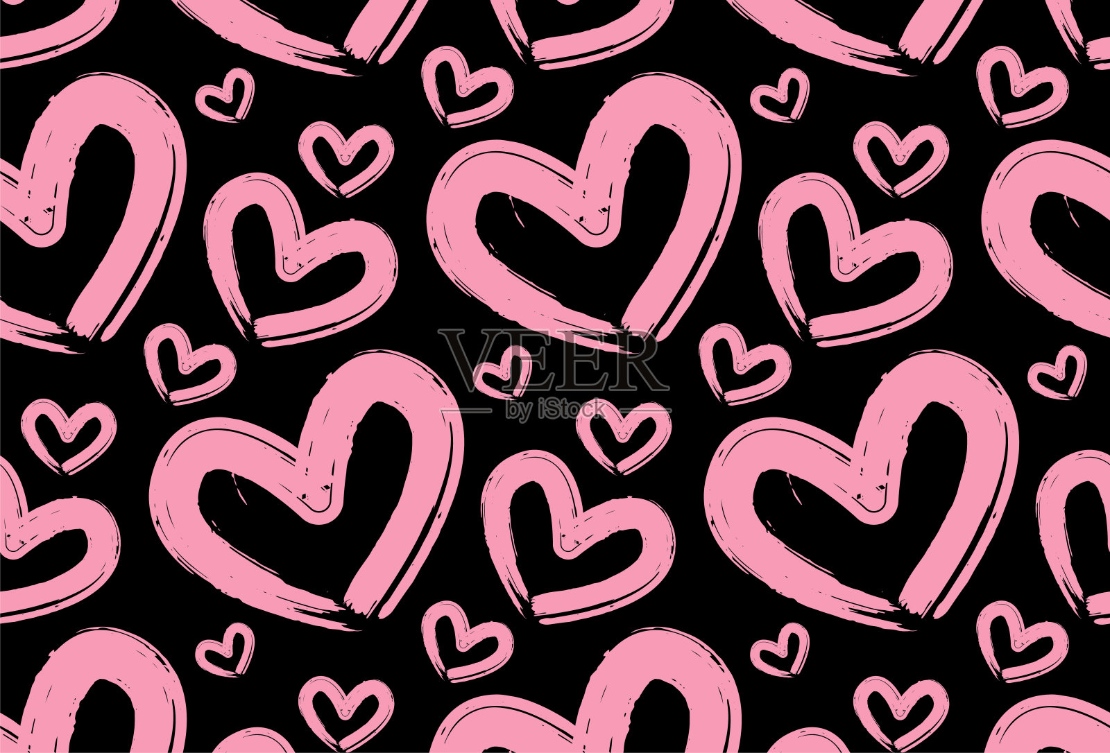 可爱的粉色心无缝图案绘制与油漆刷笔触黑色背景插画图片素材