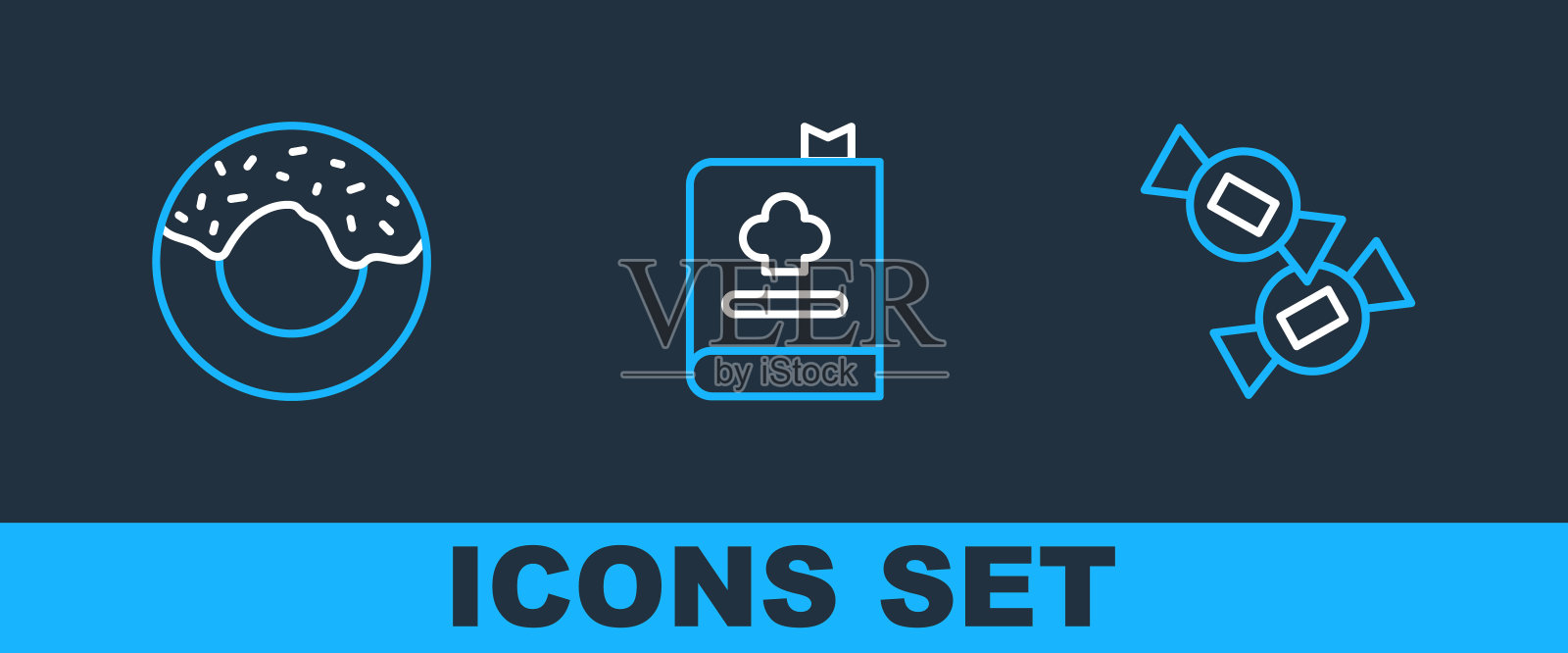 设置线糖果，甜甜圈和食谱图标。向量插画图片素材