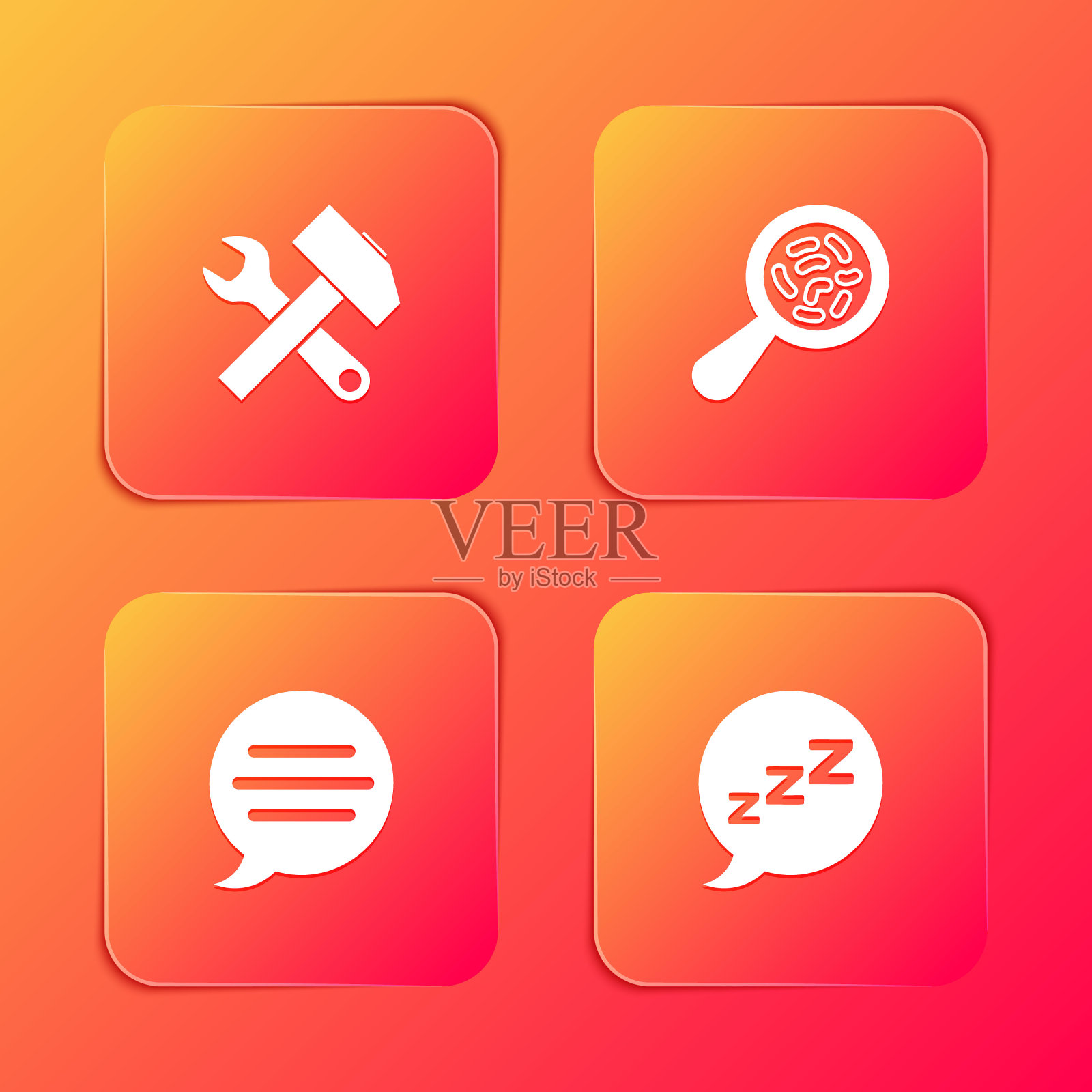 设置交叉锤子和扳手，微生物在放大镜下，语音气泡聊天和打鼾的图标。向量插画图片素材