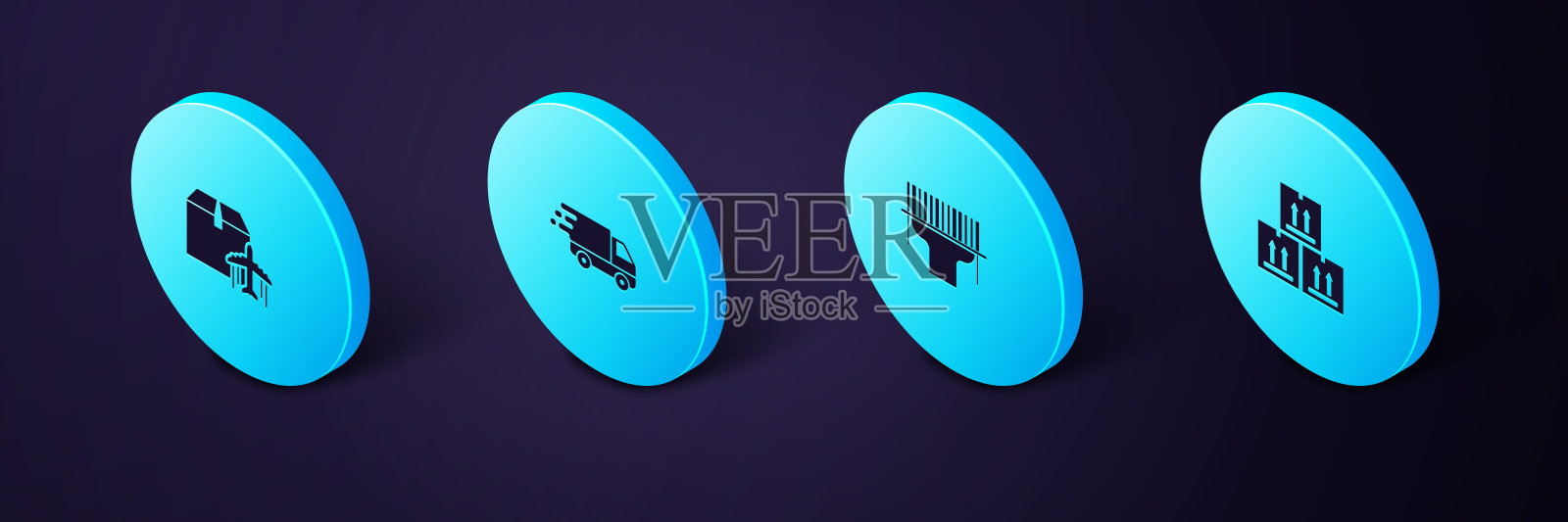 设置等距纸箱与交通，扫描仪扫描条形码，运送卡车运动和平面和纸板图标。向量插画图片素材