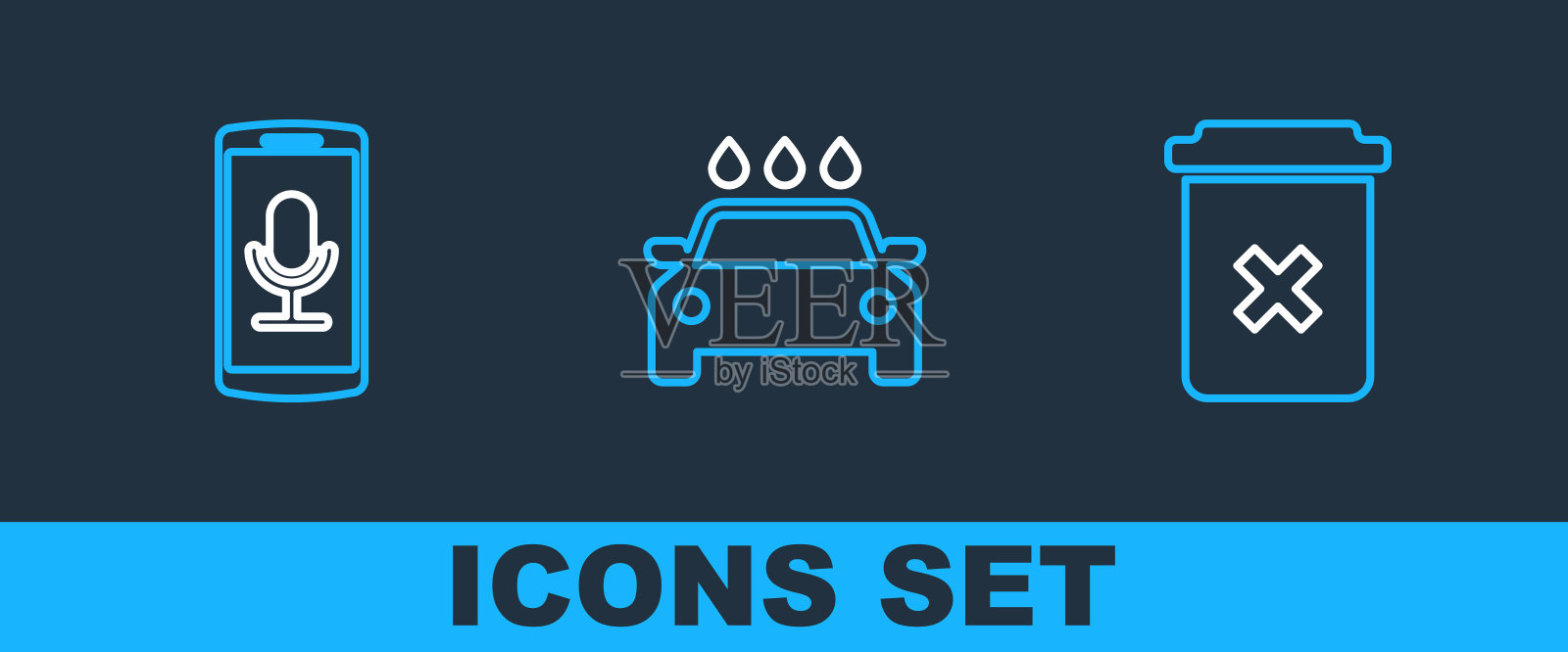 设置线垃圾桶，手机录音和洗车图标。向量插画图片素材