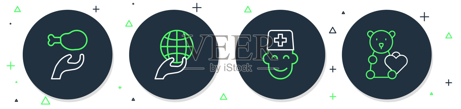 设置线手持地球，男医生，捐赠食品和捐赠儿童玩具图标。向量插画图片素材